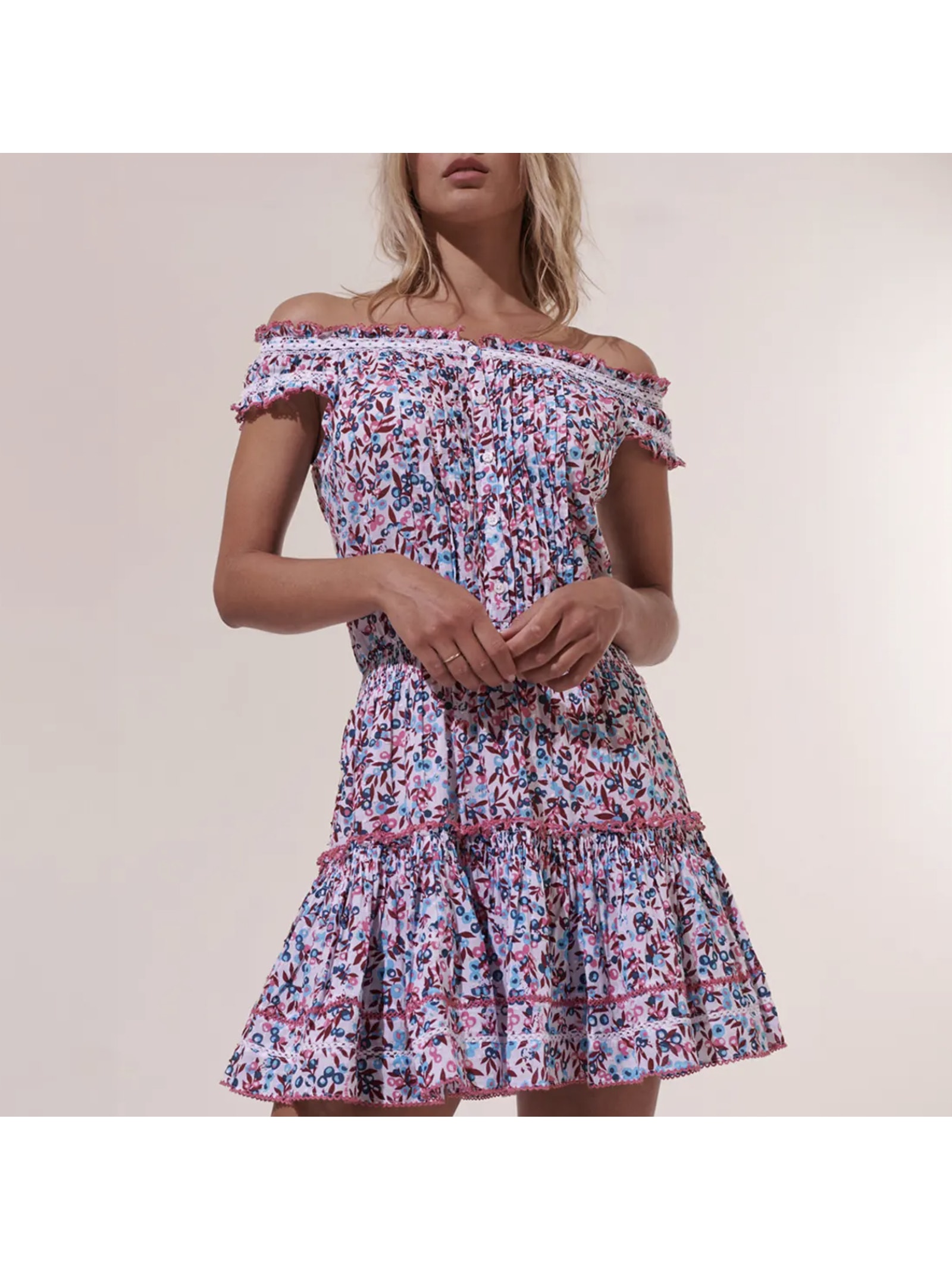 Poupette St Barth Alba Blue Blueberry Smocked Off Shoulder Mini Dress